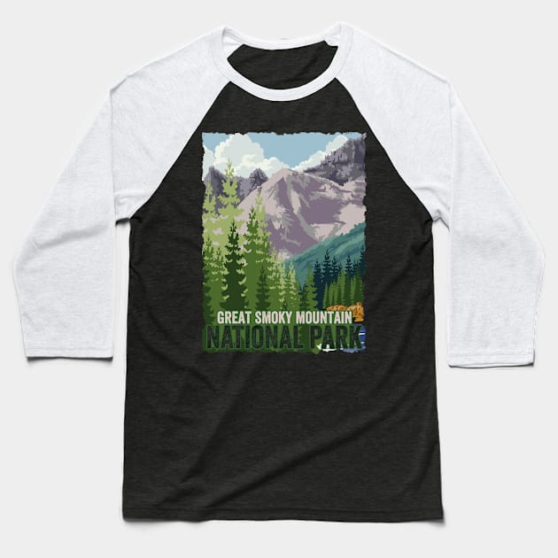 Great Smoky Mountain National Park Hiking Souvenir Baseball T-Shirt by KAWAIITEE